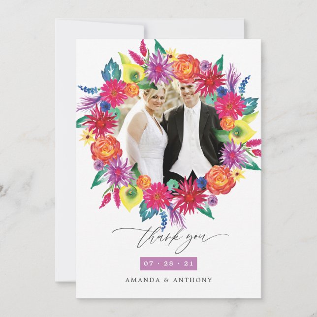 Vattenfärg Blommig Fiesta Bröllop Fotocollage Tack Kort (Framsida)
