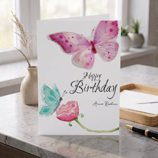 Vattenfärg Blommig Fjäril Födelsedagskort Kort