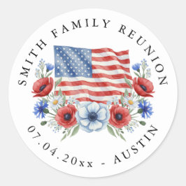 Vattenfärg Blommig Flagga USA Patriotisk Familjeåt Runt Klistermärke