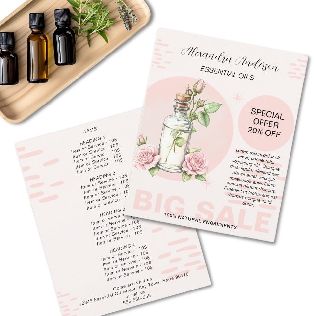 Vattenfärg Blommig Flaska med Ros Essentiella Oljo Flygblad (Rose Essential Oils Watercolor Floral Bottle Promo Flyer)
