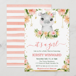 Vattenfärg Blommig Flodhäst Flicka Baby Shower Inbjudningar