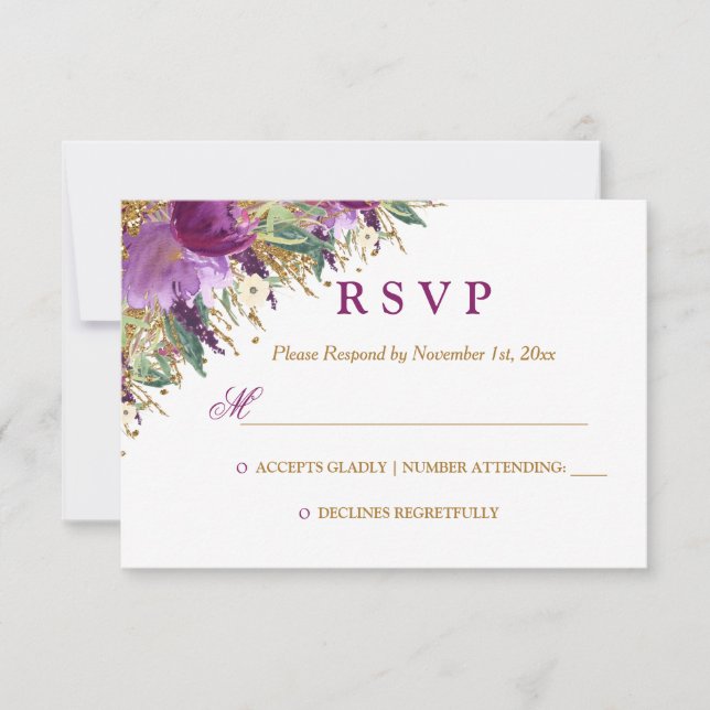 Vattenfärg Blommig Gnistrande Amethyst Bröllop RSV OSA Kort (Framsida)