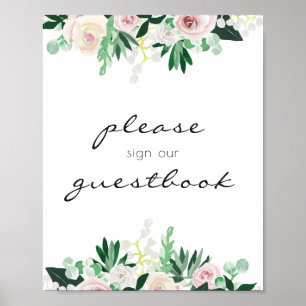 Vattenfärg Blommig Grön Gästbok Bröllop Poster