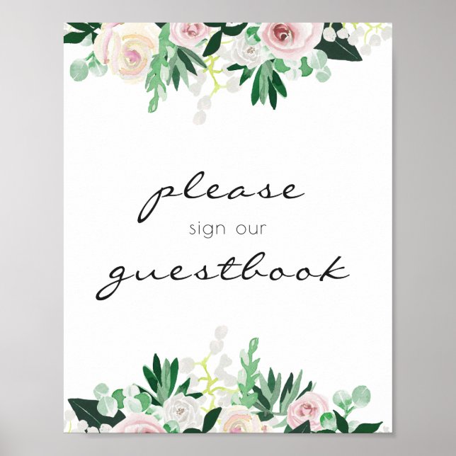 Vattenfärg Blommig Grön Gästbok Bröllop Poster (Framsidan)