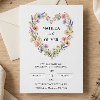 Vattenfärg Blommig Hjärtformad Bröllopsinbjudan Inbjudningar