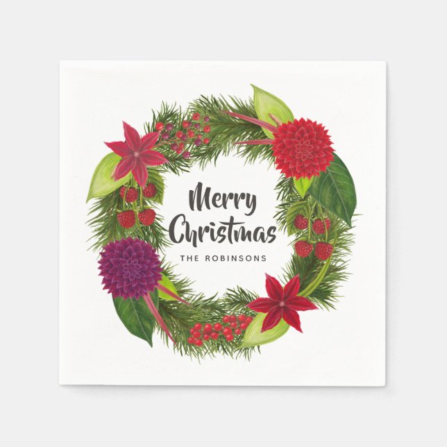 Vattenfärg Blommig Julfest Pappersservett (Framsidan)