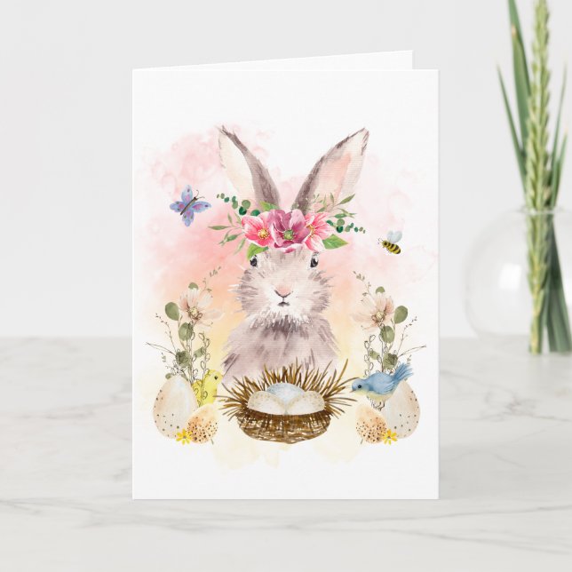Vattenfärg Blommig Kanin Greeting Card Kort (Framsida)