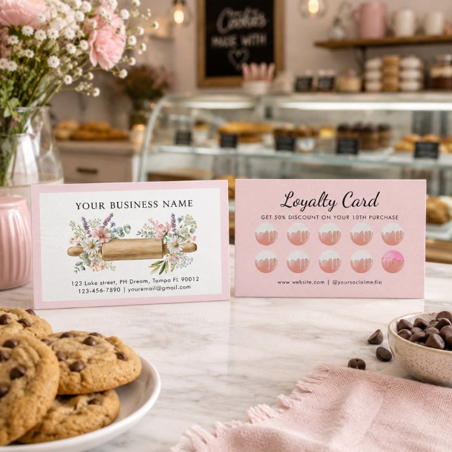 Vattenfärg Blommig Kavlingsrulle Bageri  Lojalitetskort (Pink Floral Rolling pin bakery loyalty card)