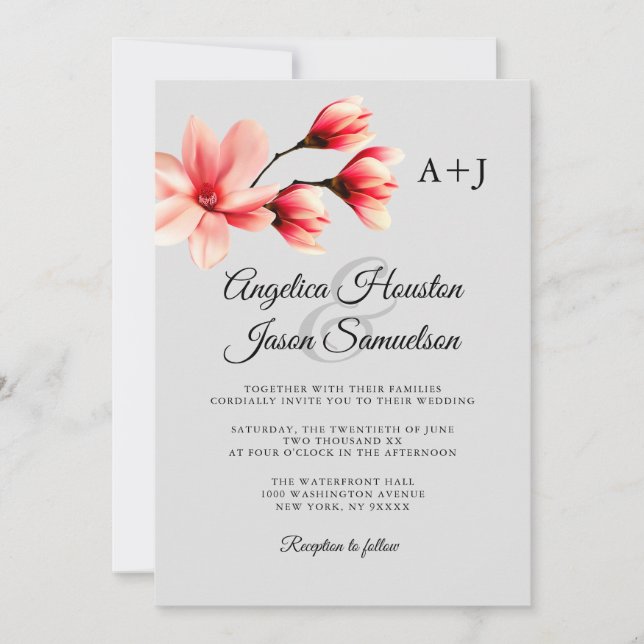 Vattenfärg Blommig Korall Fersken Grå Grå Bröllop Inbjudningar (Framsida)