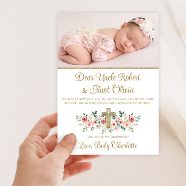 Vattenfärg Blommig Kors Bebis Flickas Gudförälder  Inbjudningar (Sweet pink and gold photo baby girl Godparent invitation. Simply add your photo and details.)