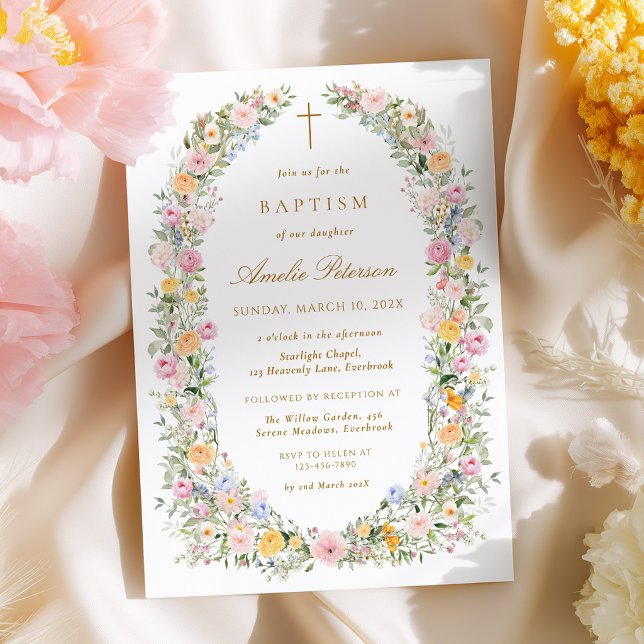 Vattenfärg Blommig Krans Dop Invitation Inbjudningar (Skapare uppladdad)