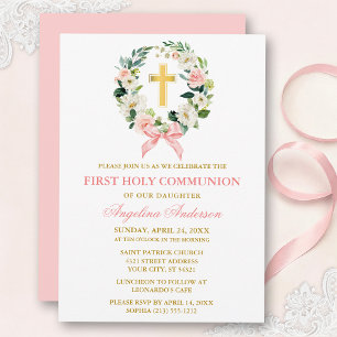Vattenfärg Blommig Krans Rosa Band Guld Kommunion Inbjudningar