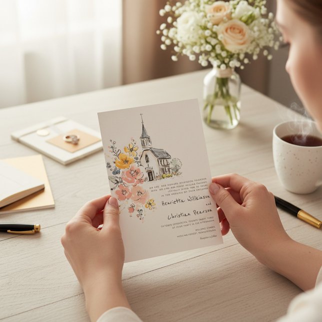 Vattenfärg Blommig Kyrkbröllopsinbjudan Inbjudningar (Skapare uppladdad)