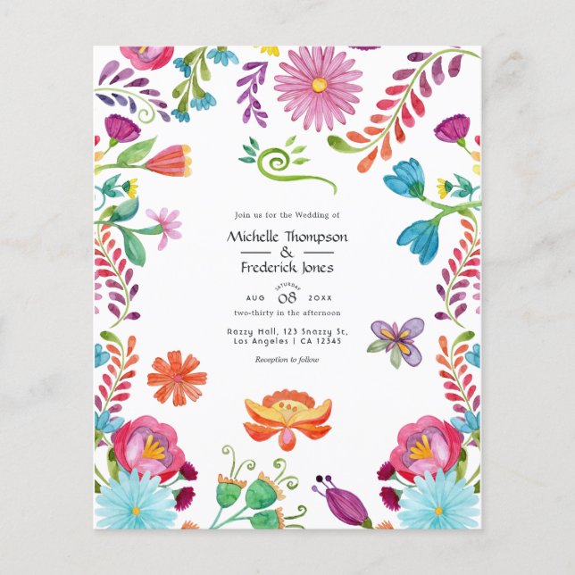 Vattenfärg Blommig Mexikansk Fiesta Bröllopsinbjud Flygblad (Framsidan)