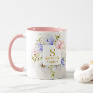 Vattenfärg Blommig Monogram I Anpassad Guldinitial Mugg