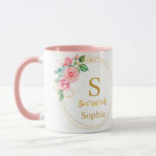 Vattenfärg Blommig Monogram I Anpassad Guldinitial Mugg