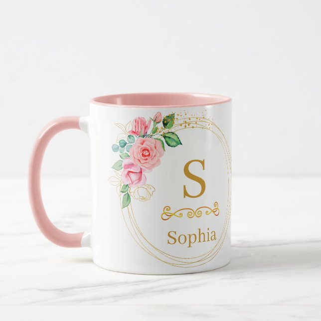 Vattenfärg Blommig Monogram I Anpassad Guldinitial Mugg (Vänster)