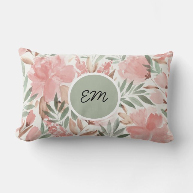 Vattenfärg Blommig Mönogram Lumbarkudde (Framsida)
