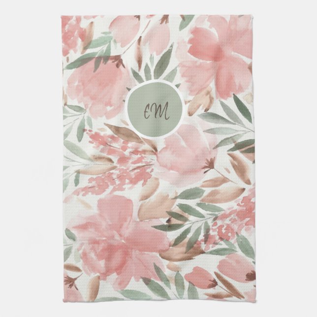 Vattenfärg Blommig Mönster Monogram Kökshandduk (Vertikal)