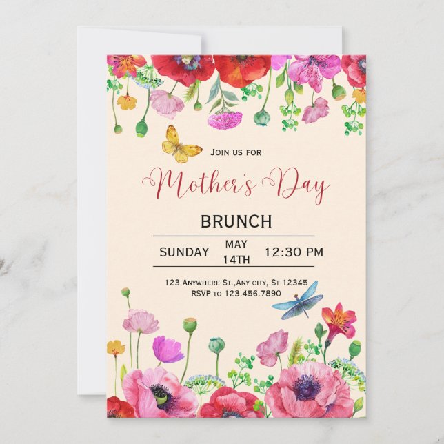 Vattenfärg Blommig Mors Dag Brunch Inbjudan (Framsida)
