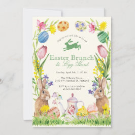 Vattenfärg Blommig Påskbrunch Ägg Kanin Tekanna Inbjudningar