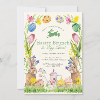 Vattenfärg Blommig Påskbrunch Ägg Kanin Tekanna Inbjudningar