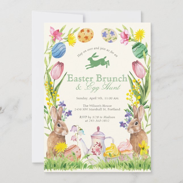 Vattenfärg Blommig Påskbrunch Ägg Kanin Tekanna Inbjudningar (Framsida)