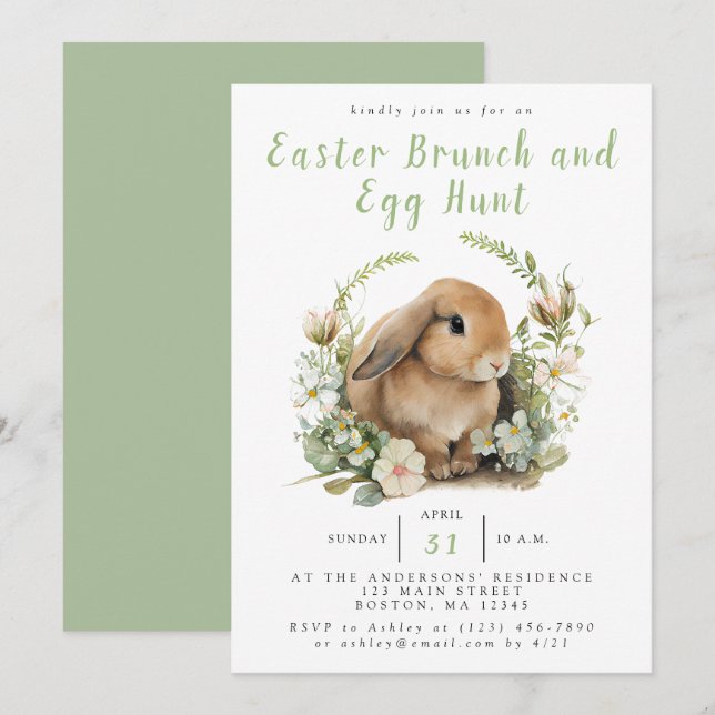 Vattenfärg Blommig Påskbrunch och Äggsökning Inbjudningar (Fram/baksida)