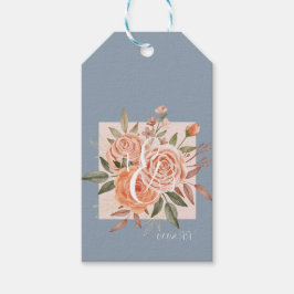 Vattenfärg Blommig Persikorosor Dammig Blå Bröllop Presentetikett