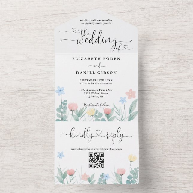 Vattenfärg Blommig QR-kod Hjärtan Script Bröllop (Insida)