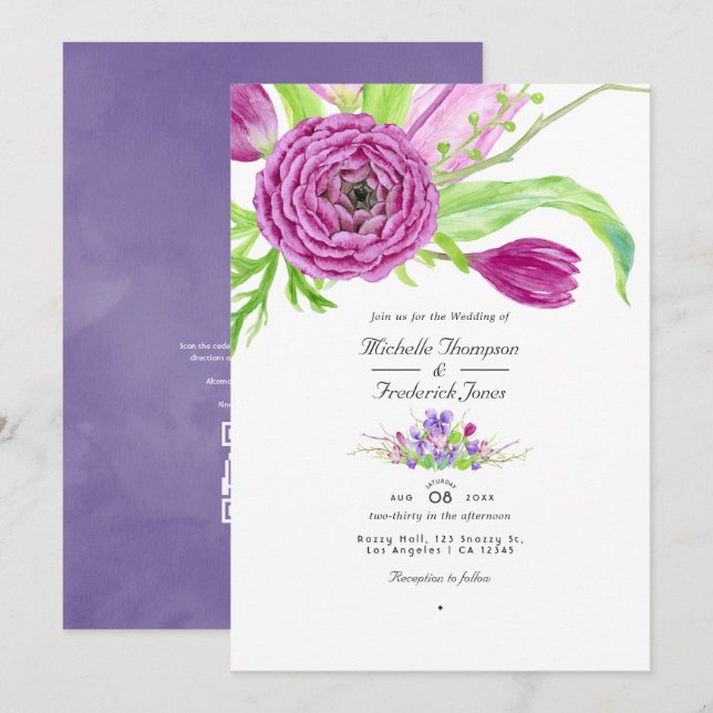 Vattenfärg Blommig QR-kod RSVP Vårbröllop Inbjudningar (Fram/baksida)