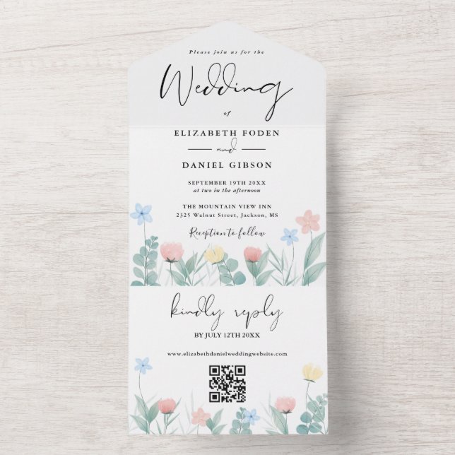 Vattenfärg Blommig QR-kod Skript Bröllop (Insida)