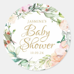 Vattenfärg Blommig Ros Guld Skrift Baby Shower Runt Klistermärke