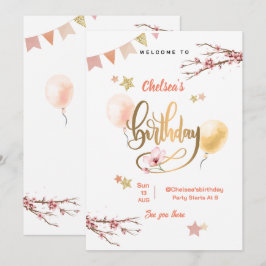 Vattenfärg Blommig Rosa Ballonger Födelsedag Inbjudningar