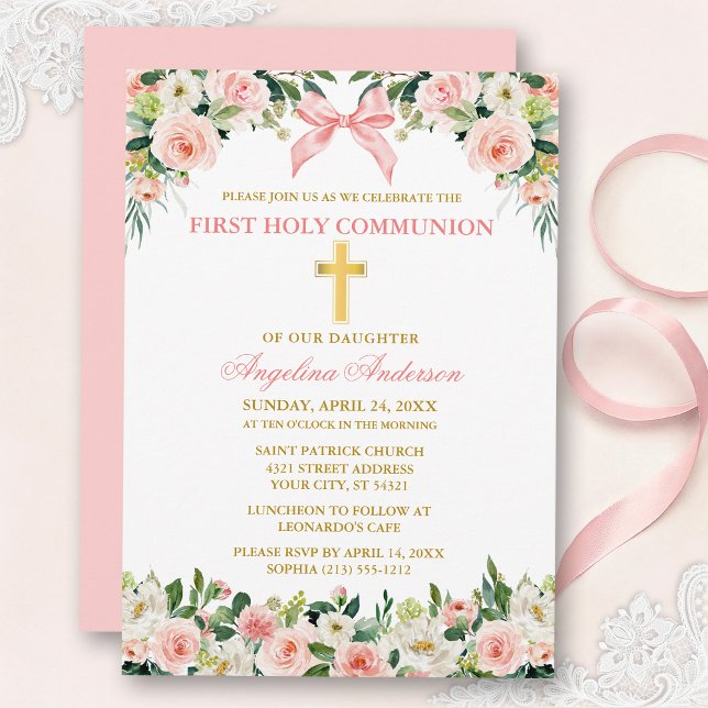 Vattenfärg Blommig Rosa Band Guld Kommunion Inbjudningar (Customize to change text color, size, style or to change color of back of card.)