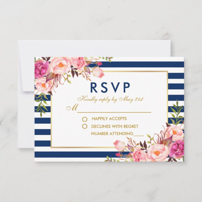 Vattenfärg Blommig Rosa Blå Ränder RSVP Bröllop OSA Kort (Framsida)