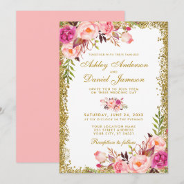 Vattenfärg Blommig Rosa Bröllop Glitter Inbjudningar