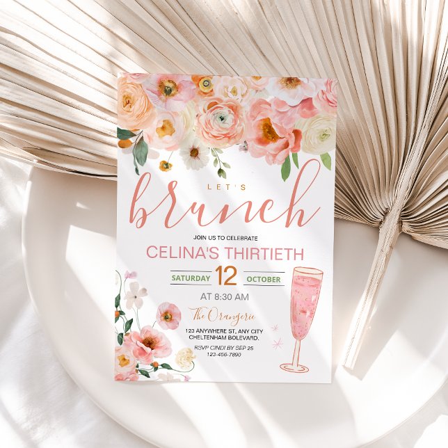 Vattenfärg Blommig Rosa Champagne Födelsedagsbrunc Inbjudningar (Watercolor Floral Pink Champagne Birthday Brunch Invitation)