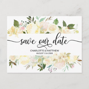 Vattenfärg Blommig Rosa Elfenben Vig SAVE OUR DATE Meddelande Vykort