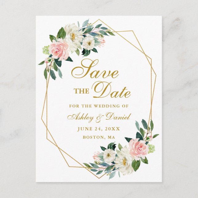 Vattenfärg Blommig Rosa Guld Ram Spara Datum Meddelande Vykort (Framsida)