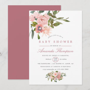 Vattenfärg blommig Rosa och Roséguld Baby Shower Inbjudningar