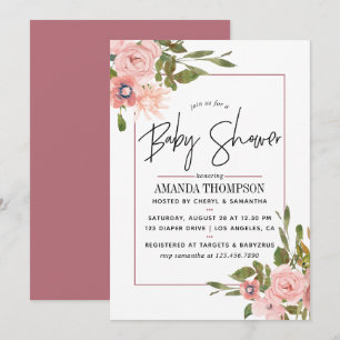 Vattenfärg blommig Rosa och Roséguld Babyfirande Inbjudningar