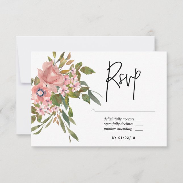 Vattenfärg blommig Rosa och Roséguld Bröllop RSVP OSA Kort (Framsida)