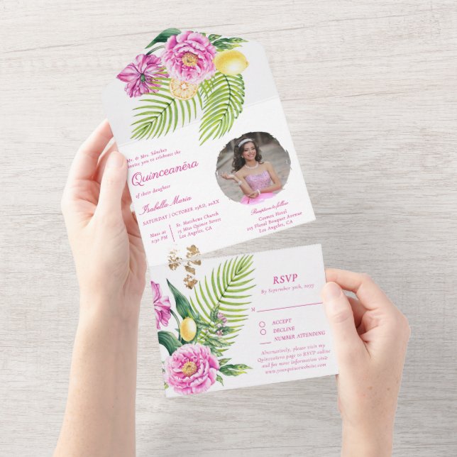 Vattenfärg Blommig Rosa Peonies Foto Quinceañera  (Avrivbar del)
