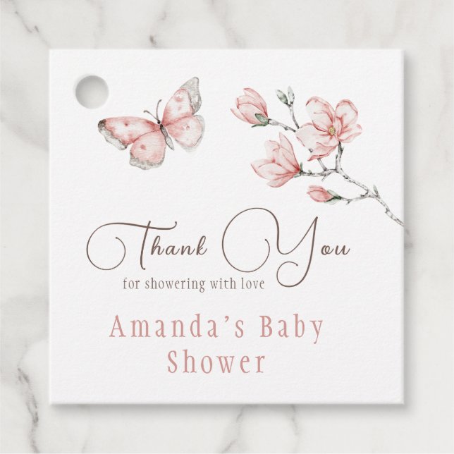 Vattenfärg Blommig Rosenskär Fjäril Baby Shower Gåvor Etiketter (Framsida)