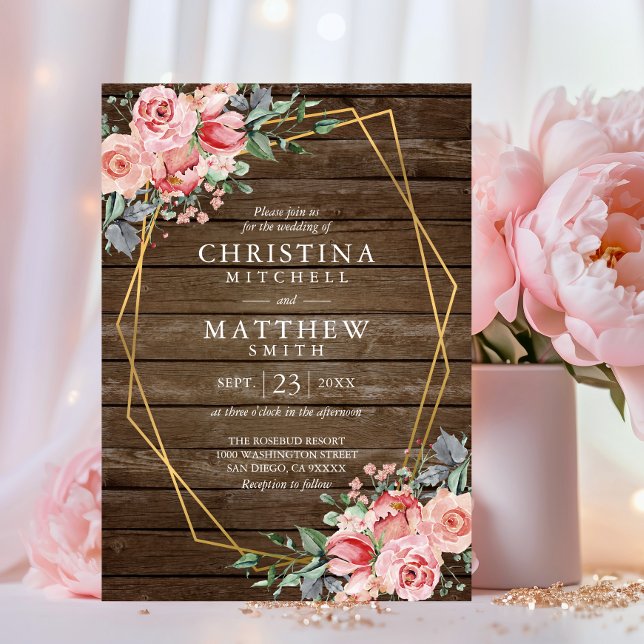 Vattenfärg Blommig Rosenskär Rostig Guld Bröllop Inbjudningar (Watercolor Floral Blush Pink Rustic Gold Wedding Invitation)
