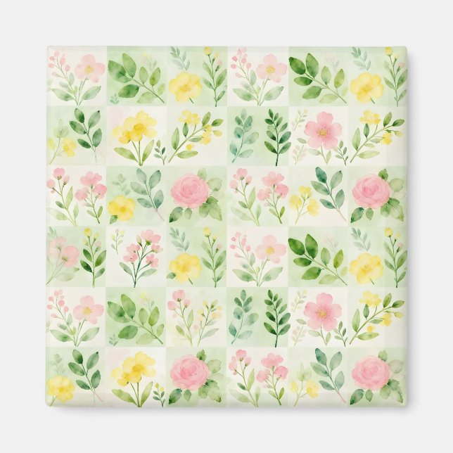 Vattenfärg Blommig Rutigt Mönster Magnet (Framsidan)