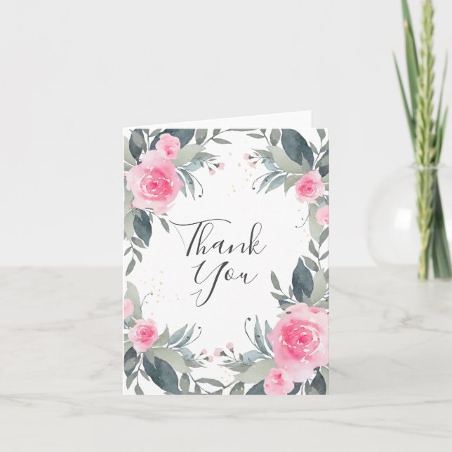 Vattenfärg Blommig Tacksamhetskort med Rosa Rosor Tack Kort (Framsida)