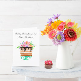 Vattenfärg Blommig Tårta Födelsedag Svärdotter Helgkort