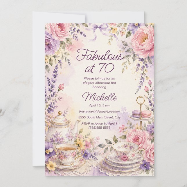 Vattenfärg Blommig Tekopp Fabulous 70-årsdag Inbjudningar (Framsida)